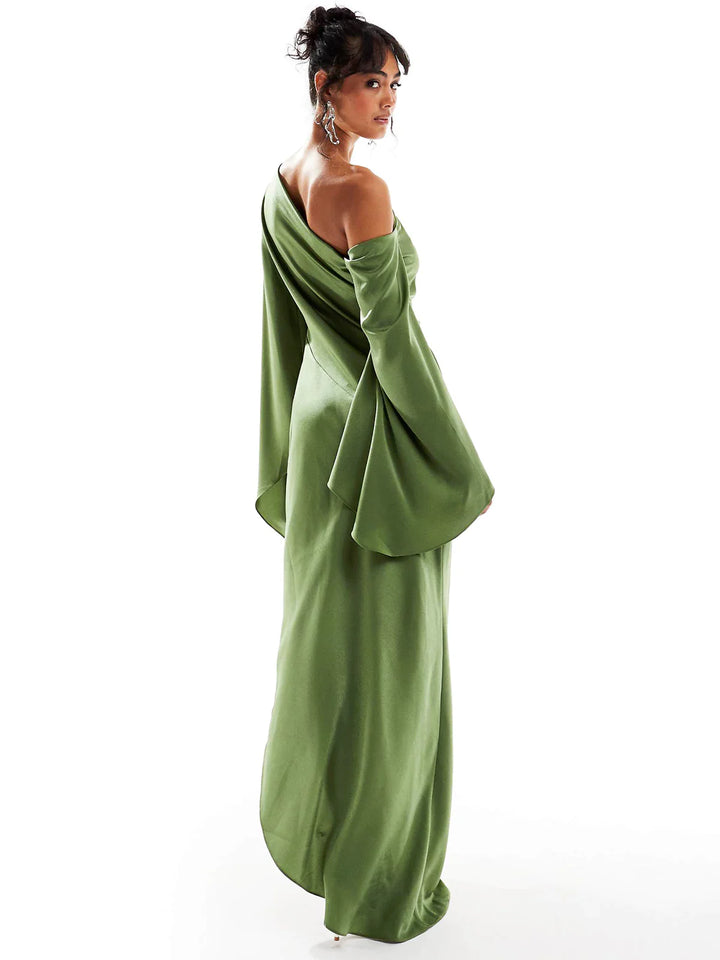 Abito Lungo Verde Monospalla con Orlo Asimmetrico | Eleganza Moderna con Carattere