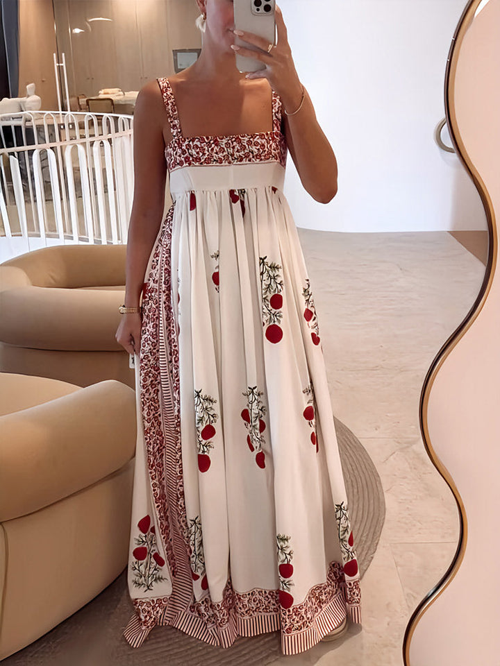 Abito Lungo con Stampa Floreale e Scollo Quadrato | Eleganza Naturale e Stile Romantico