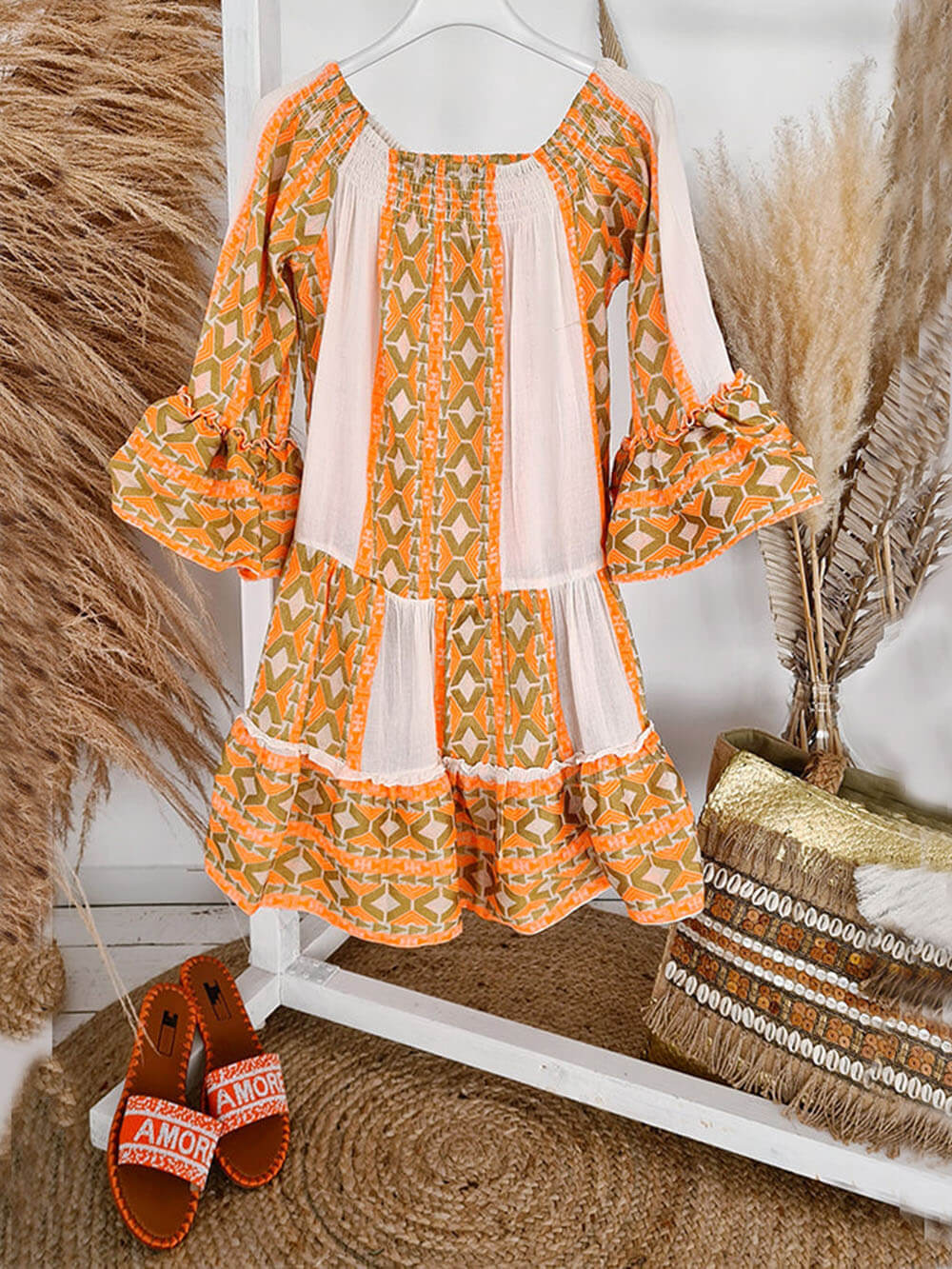 Abito Mini Lungo Boho con Spalle Scoperte e Stampa Etnica