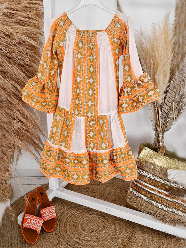 Abito Mini Lungo Boho con Spalle Scoperte e Stampa Etnica