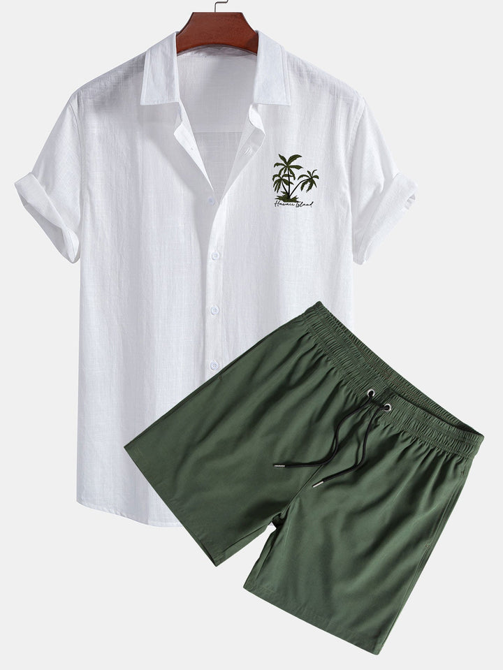 Completo Effetto Lino con Camicia Hawaii Palm e Pantaloncini Estivi