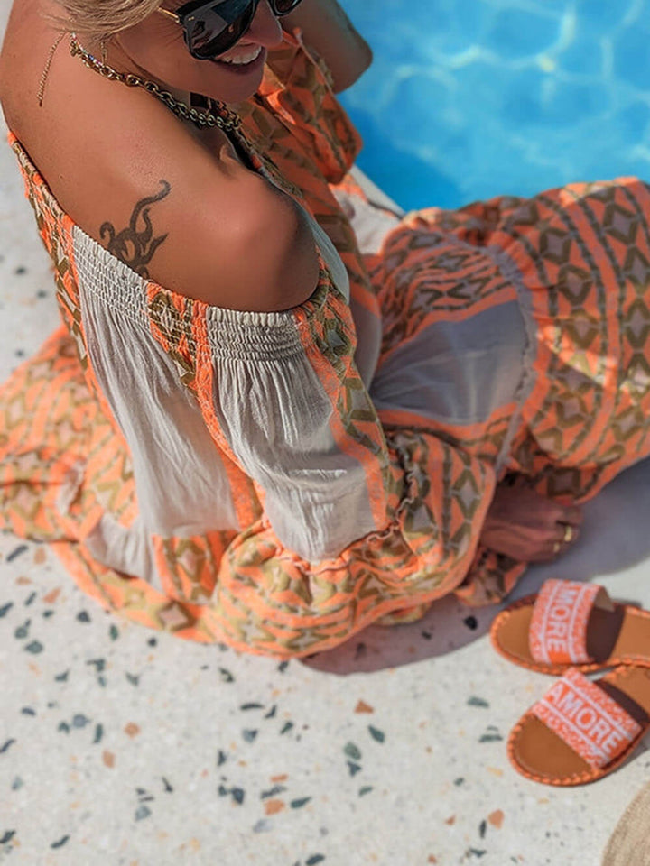 Abito Mini Lungo Boho con Spalle Scoperte e Stampa Etnica