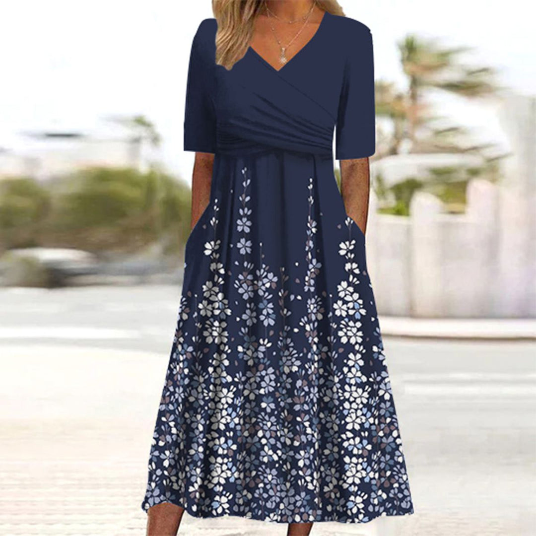 Vestito Midi con Stampa a Tema Piante e Tasche Laterali
