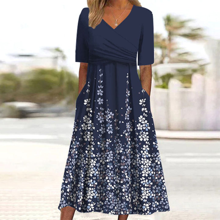 Vestito Midi con Stampa a Tema Piante e Tasche Laterali