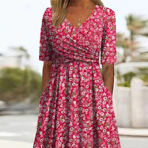 Vestito Midi con Stampa a Tema Piante e Tasche Laterali
