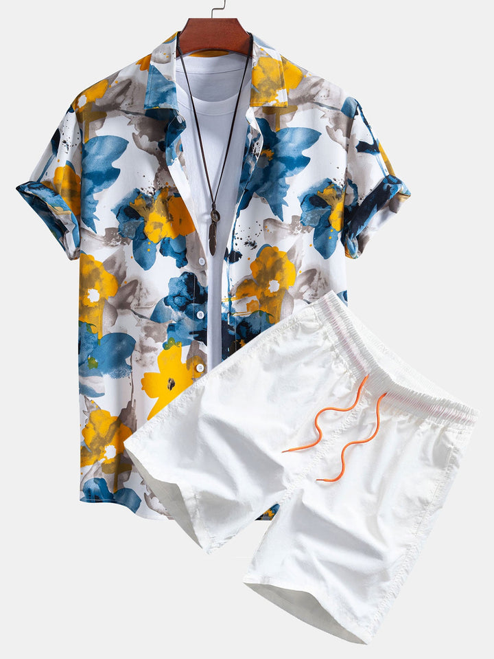 Completo Estivo Floreale Acquerello con Camicia e Pantaloncini