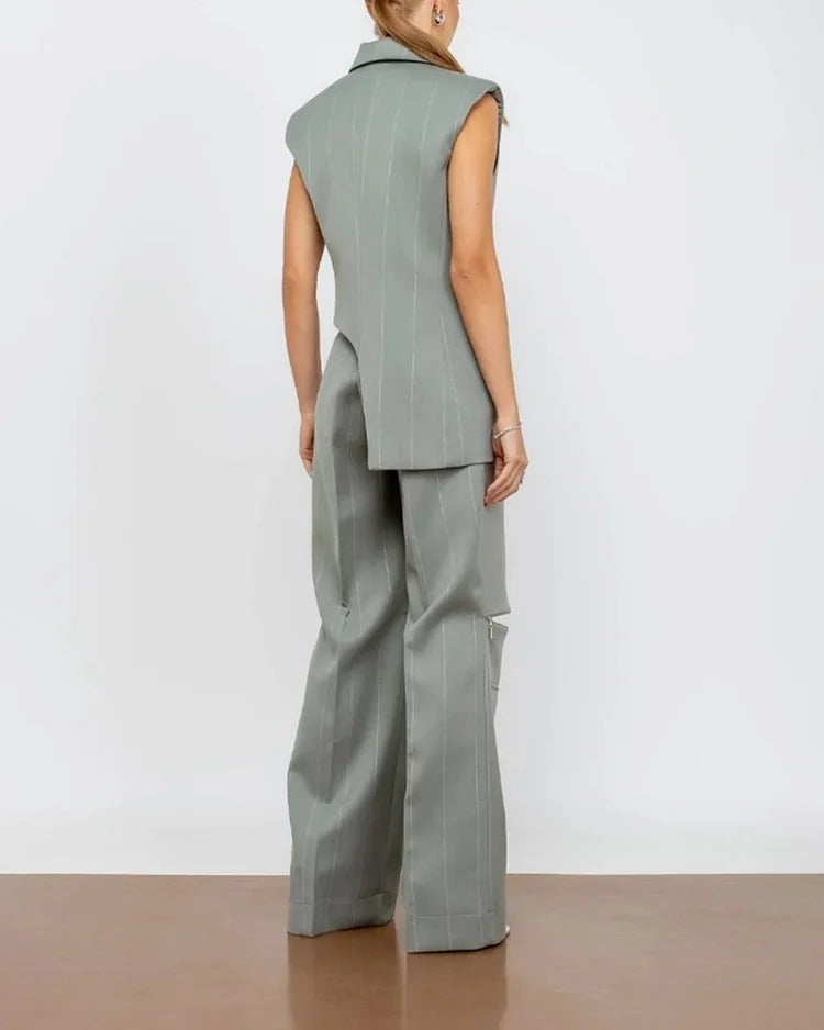 Completo Donna con Gilet Senza Maniche e Pantaloni a Righe