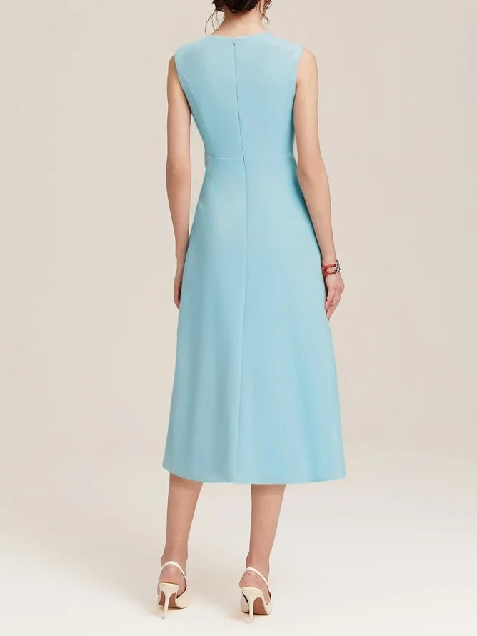 Abito Midi Elegante Senza Maniche con Nodo in Vita