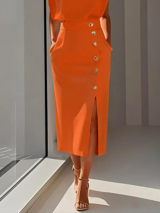 Abito Midi Elegante con Spacco e Bottoni – Girocollo, Vestibilità Attillata