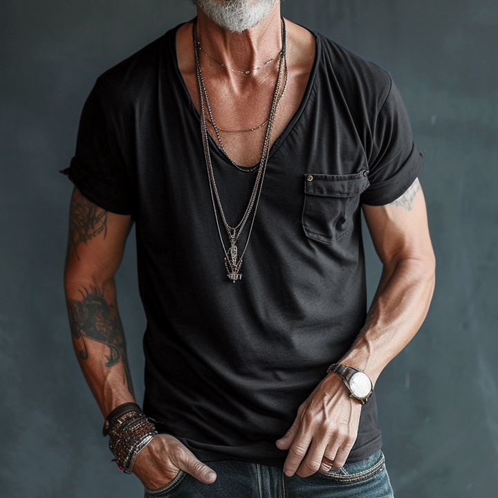T-Shirt da Uomo con Scollo a V, Taschino Cargo e Maniche Corte