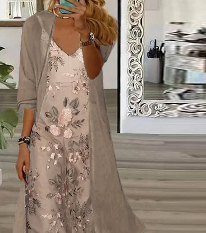 Completo Due Pezzi: Vestito Maxi con Stampa Floreale Giovane e Giacca Leggera
