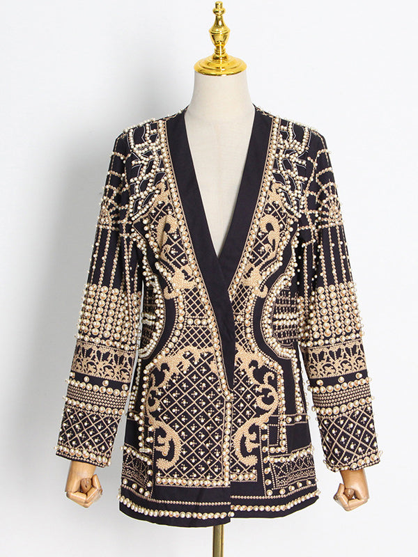 Blazer Stile Vintage con Perline e Stampa – Maniche Lunghe e Scollo a V