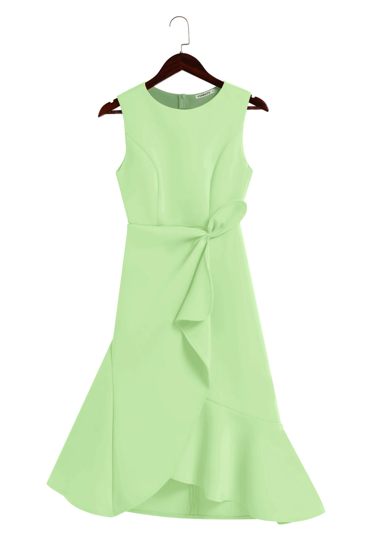 Abito Midi Elegante Senza Maniche con Nodo in Vita