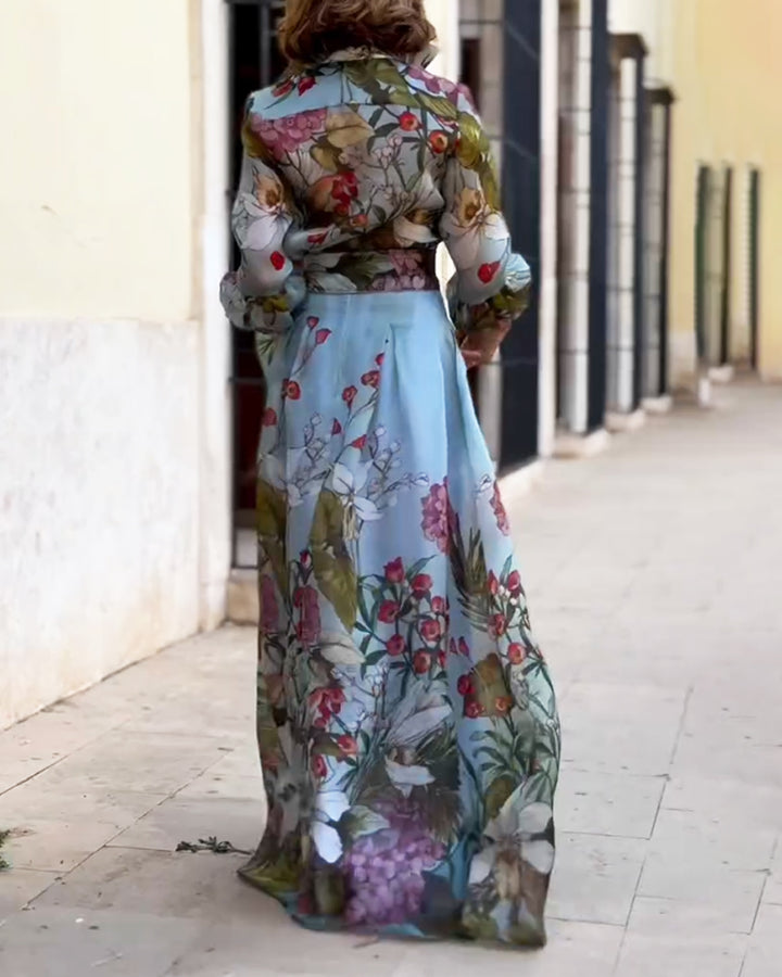 Completo Due Pezzi Elegante con Camicia Stampata e Gonna