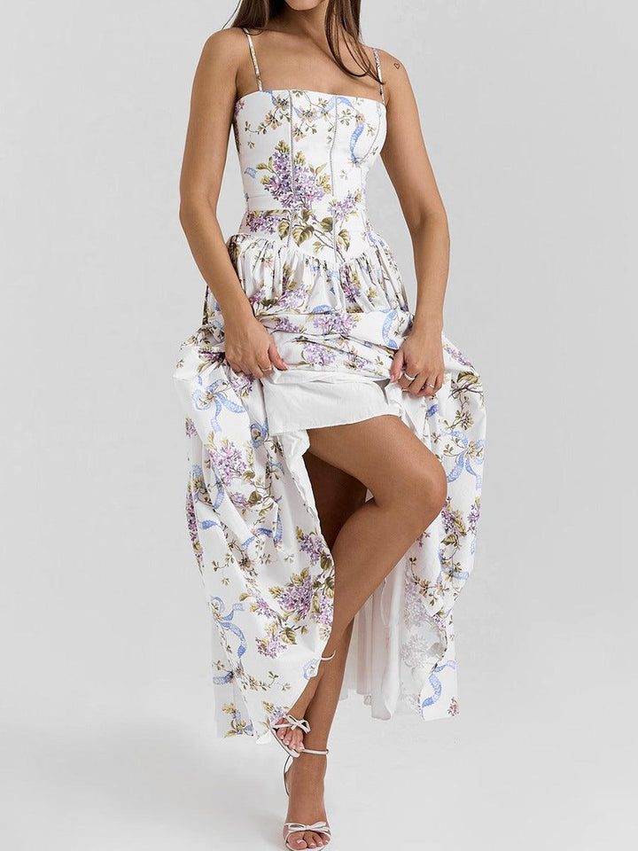 Abito Midi a Bretelle con Stampa Floreale
