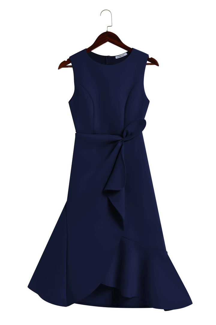 Abito Midi Elegante Senza Maniche con Nodo in Vita