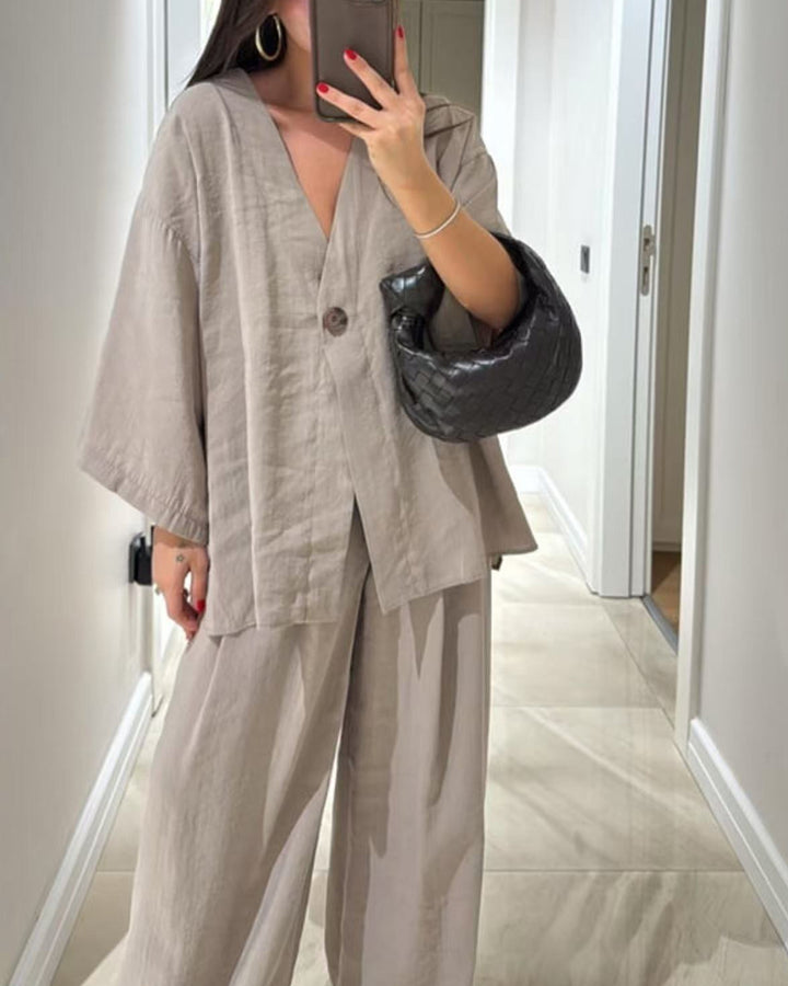 Completo Due Pezzi Casual con Top Scollo a V e Pantaloni Larghi