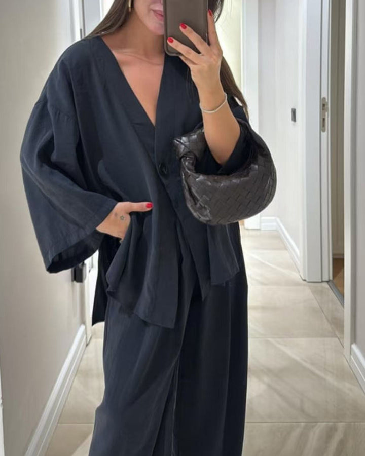 Completo Due Pezzi Casual con Top Scollo a V e Pantaloni Larghi