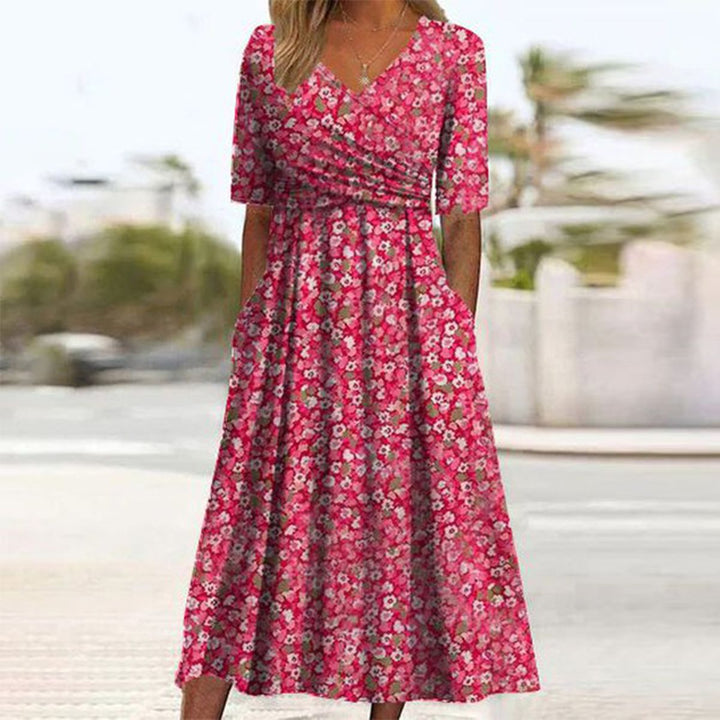 Vestito Midi con Stampa a Tema Piante e Tasche Laterali