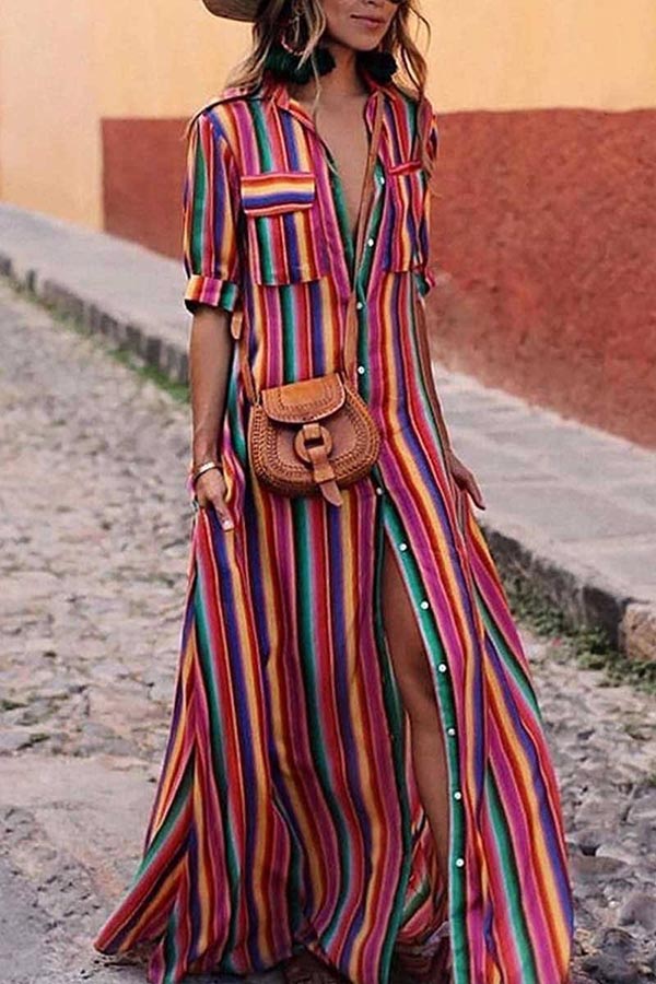 Bohemian – Abito Lungo a Righe Multicolore Stile Boho