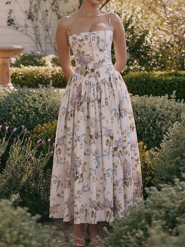 Abito Midi a Bretelle con Stampa Floreale