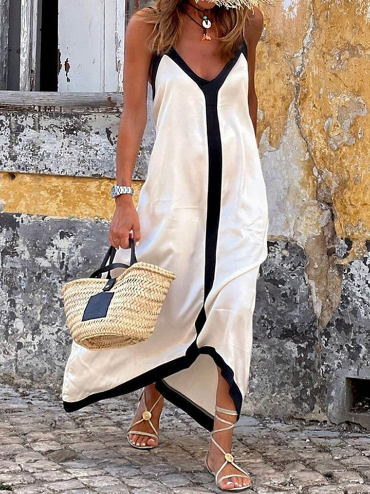 Abito Midi con Bretelle Regolabili e Design a Blocchi di Colore