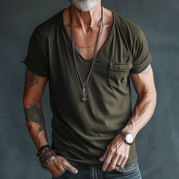 T-Shirt da Uomo con Scollo a V, Taschino Cargo e Maniche Corte
