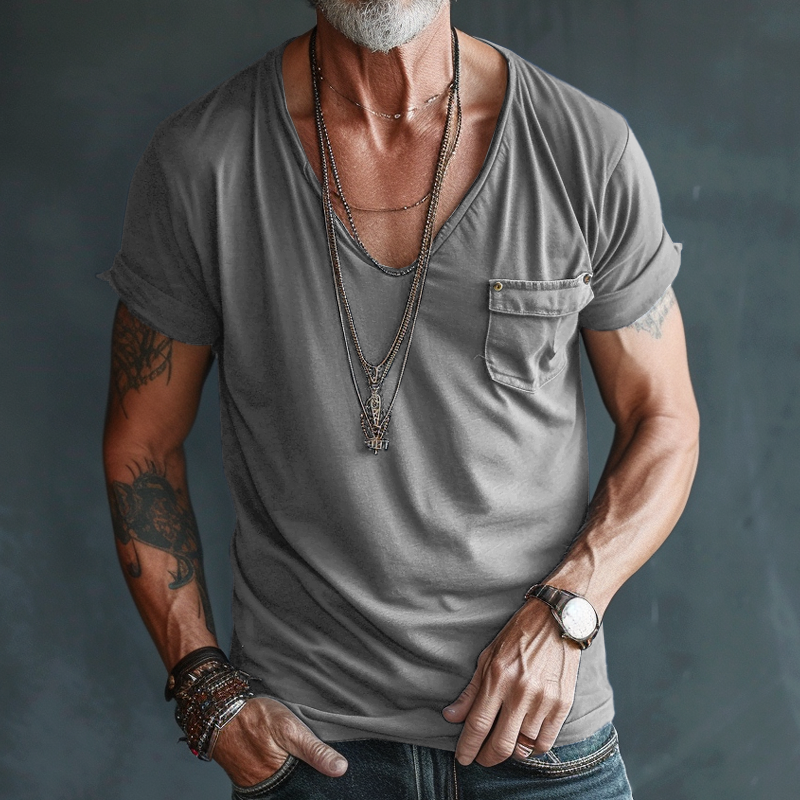 T-Shirt da Uomo con Scollo a V, Taschino Cargo e Maniche Corte