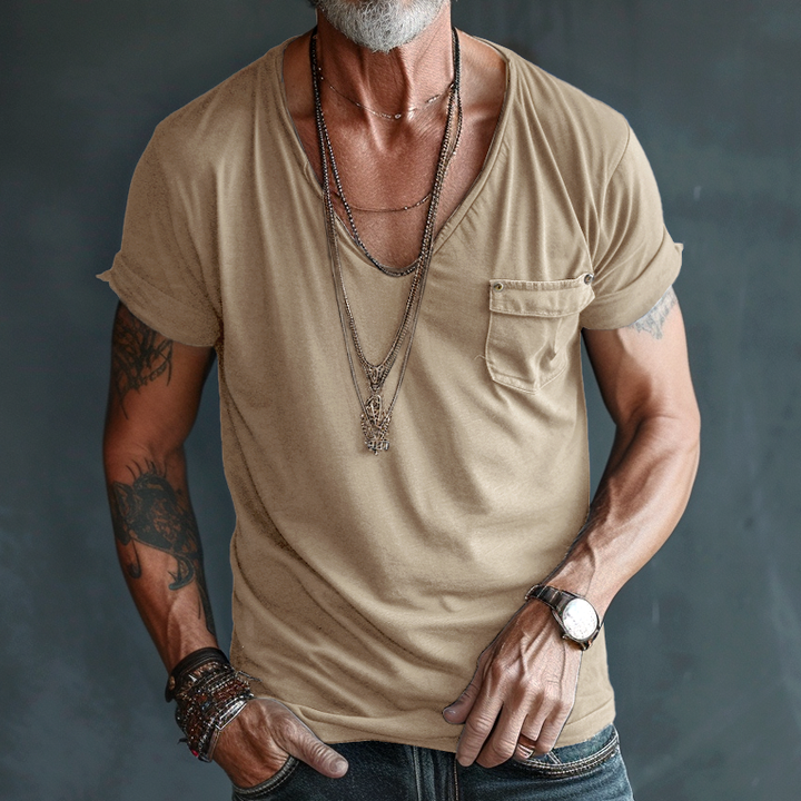 T-Shirt da Uomo con Scollo a V, Taschino Cargo e Maniche Corte