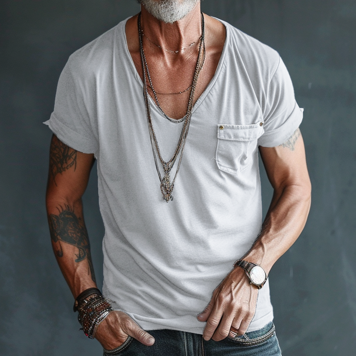 T-Shirt da Uomo con Scollo a V, Taschino Cargo e Maniche Corte