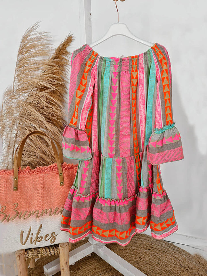Abito Mini Lungo Boho con Spalle Scoperte e Stampa Etnica