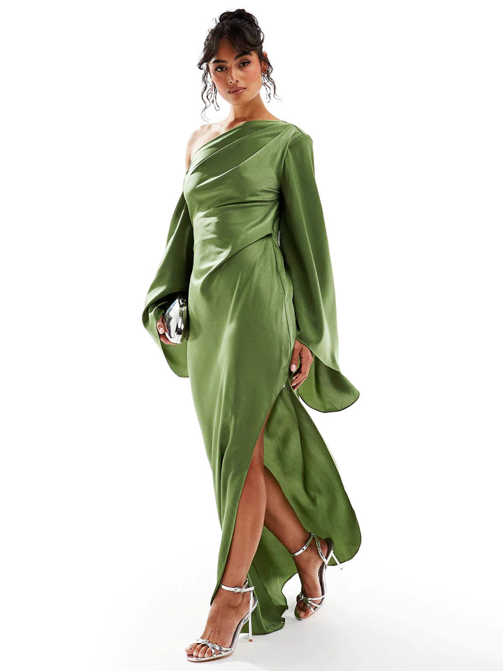 Abito Lungo Verde Monospalla con Orlo Asimmetrico | Eleganza Moderna con Carattere
