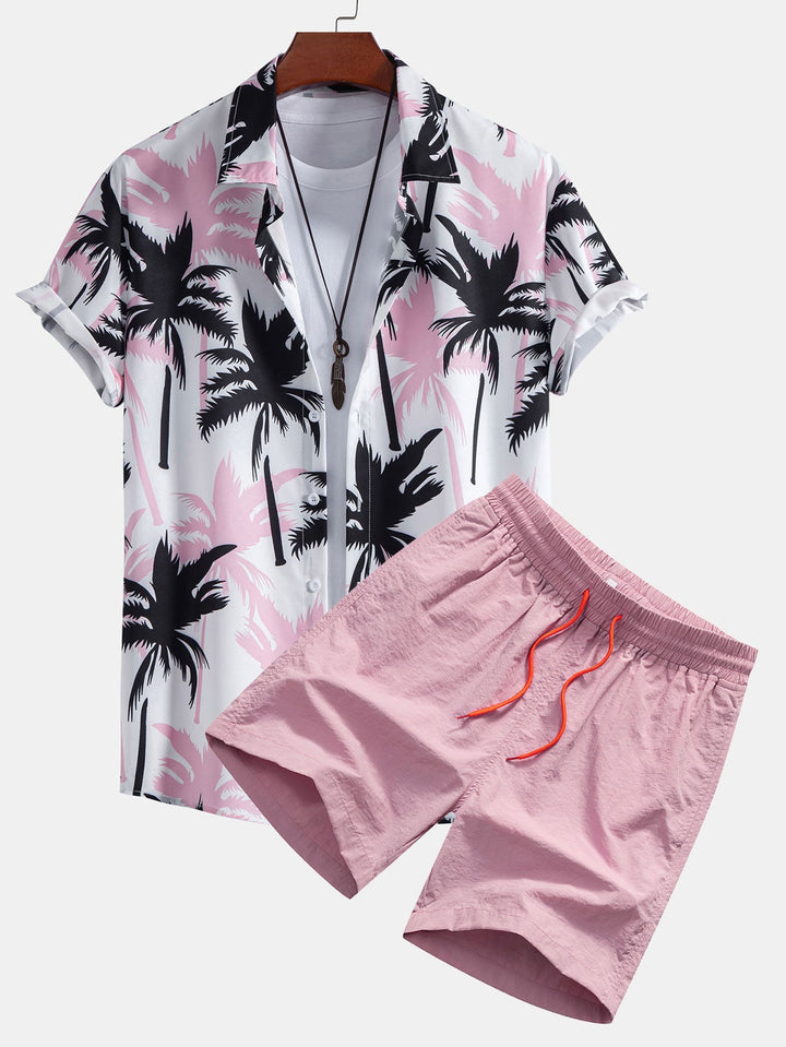 Completo Tropicale Rosa con Camicia a Palma e Pantaloncini Abbinati