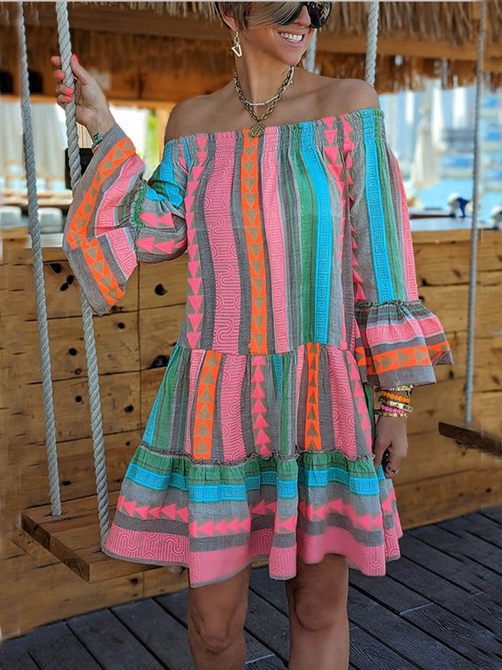 Abito Mini Lungo Boho con Spalle Scoperte e Stampa Etnica