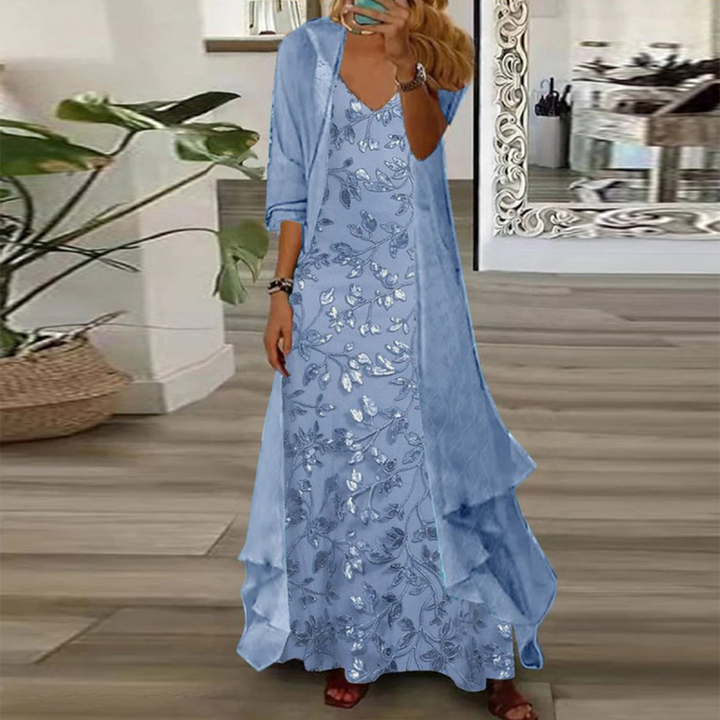 Completo Due Pezzi: Vestito Maxi con Stampa Floreale Giovane e Giacca Leggera