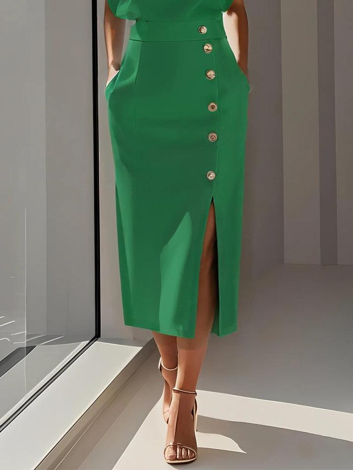 Abito Midi Elegante con Spacco e Bottoni – Girocollo, Vestibilità Attillata
