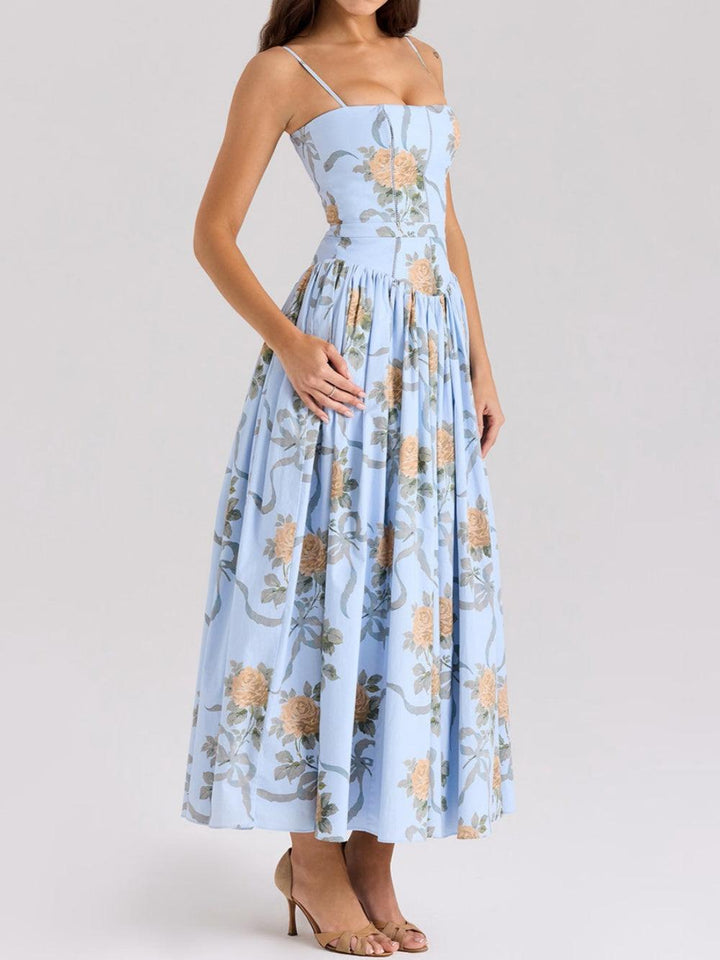 Abito Midi a Bretelle con Stampa Floreale