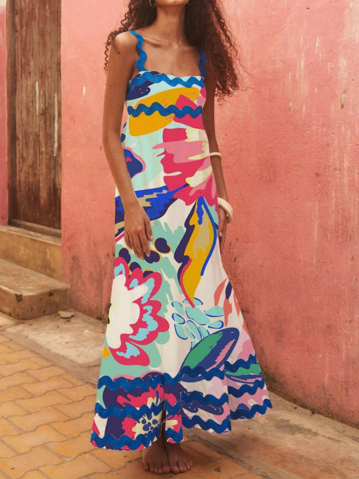 Abito midi A-line con stampa onde floreali e spalline – Colore e stile per la tua estate