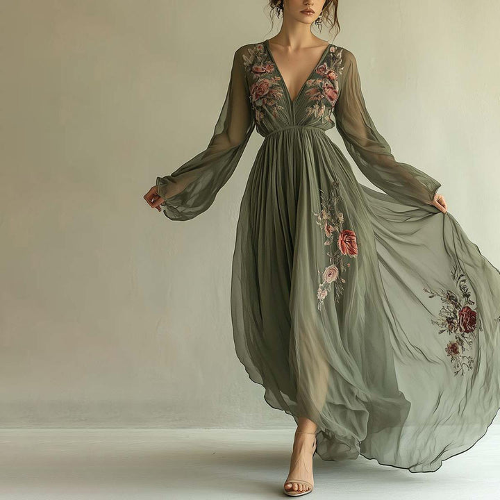 Vestito Maxi con Scollo a V e Stampa Floreale Popolare