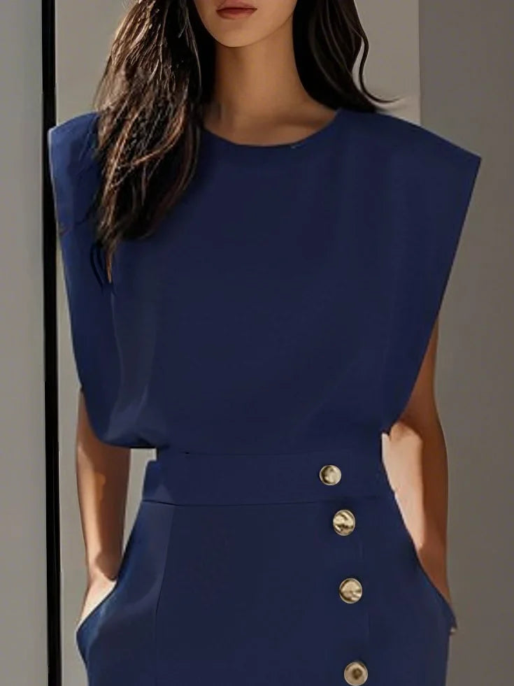 Abito Midi Elegante con Spacco e Bottoni – Girocollo, Vestibilità Attillata