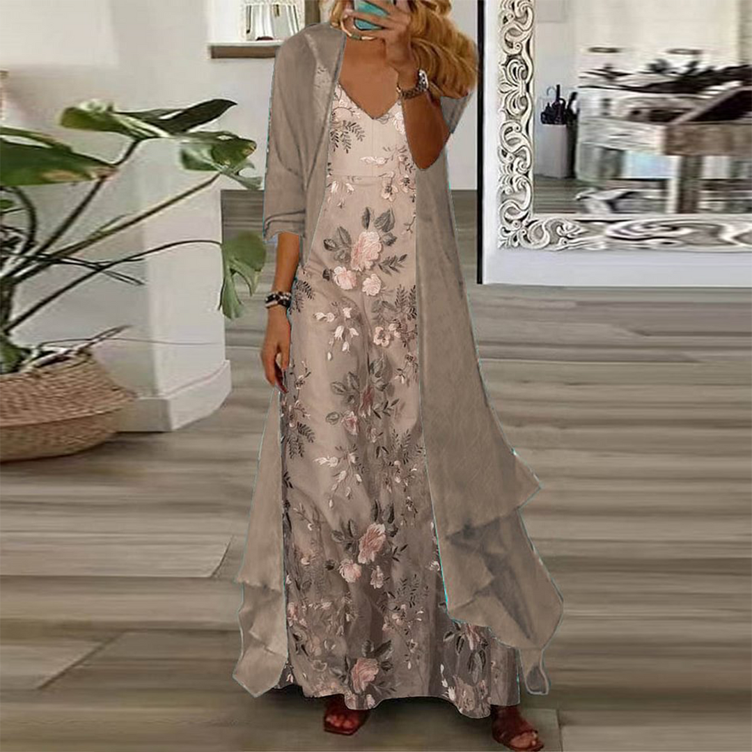 Completo Due Pezzi: Vestito Maxi con Stampa Floreale Giovane e Giacca Leggera