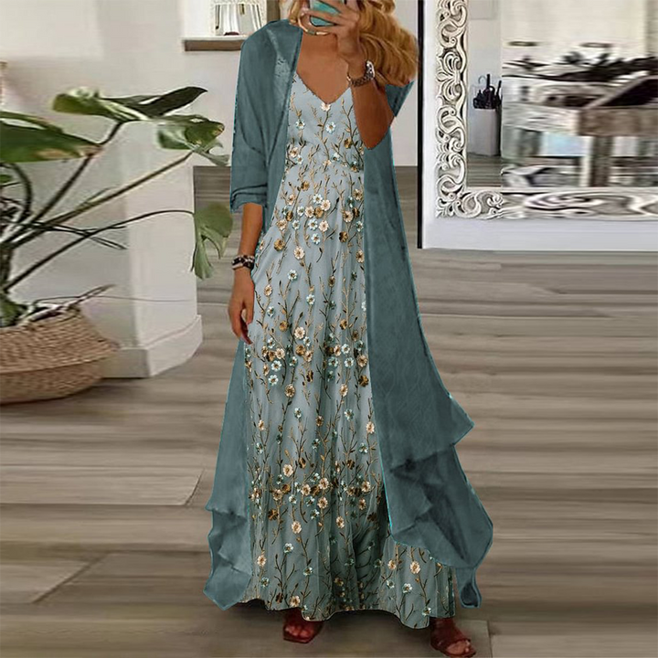 Completo Due Pezzi: Vestito Maxi con Stampa Floreale Giovane e Giacca Leggera