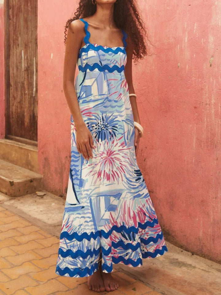 Abito midi A-line con stampa onde floreali e spalline – Colore e stile per la tua estate