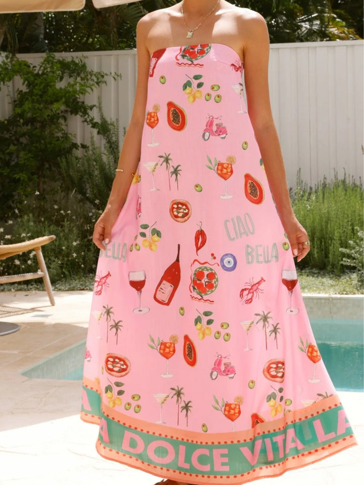 Abito Lungo da Resort con Fascia e Stampa – Eleganza Senza Spalline