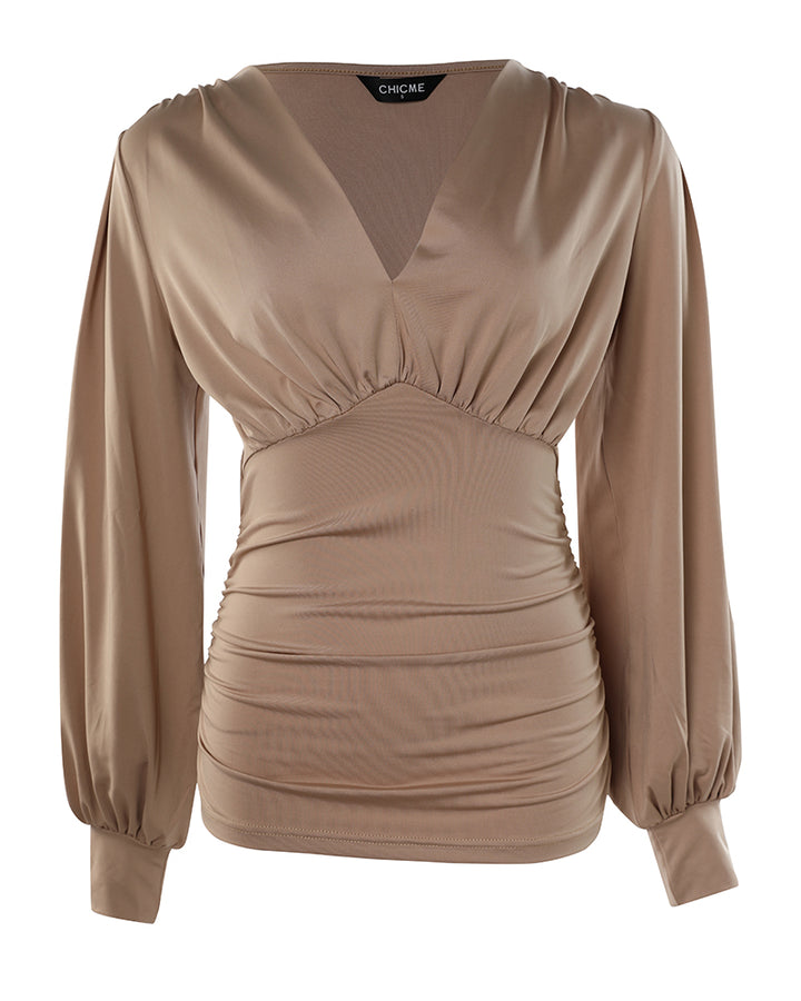Blusa Elegante con Scollo Profondo, Maniche a Lanterna e Arricciature Laterali