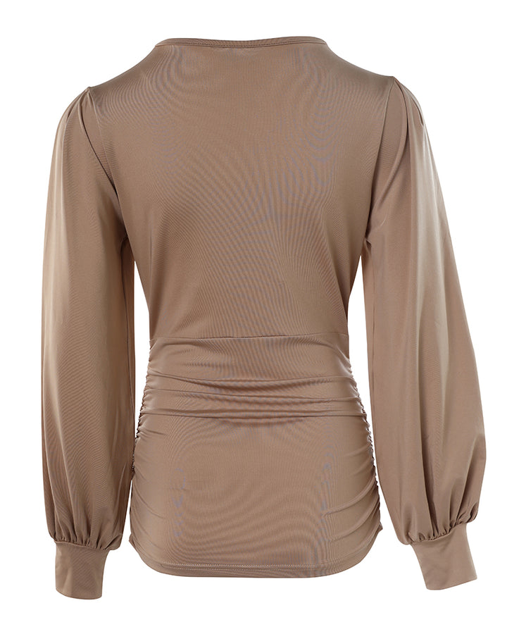 Blusa Elegante con Scollo Profondo, Maniche a Lanterna e Arricciature Laterali