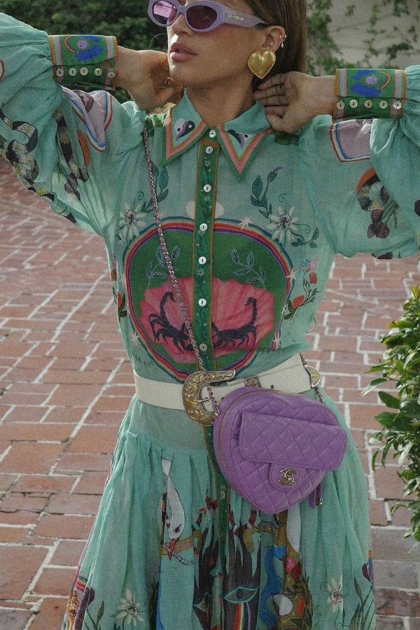Abito Camicia Midi con Stampa Artistica, Maniche a Palloncino e Cintura in Contrasto