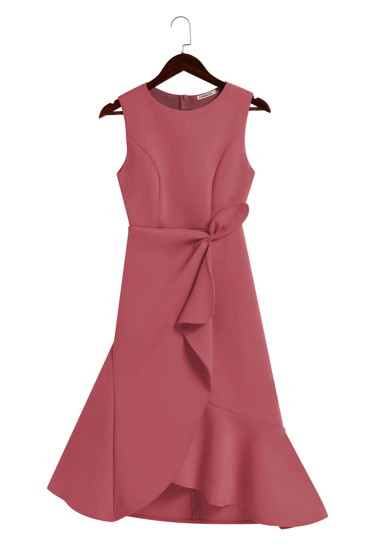 Abito Midi Elegante Senza Maniche con Nodo in Vita