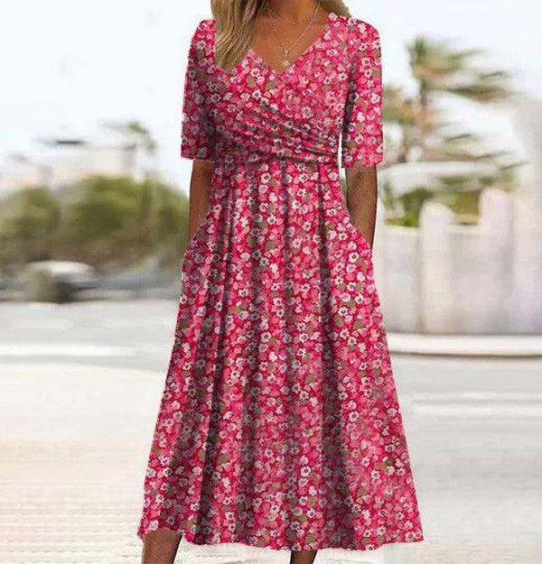 Vestito Midi con Stampa a Tema Piante e Tasche Laterali