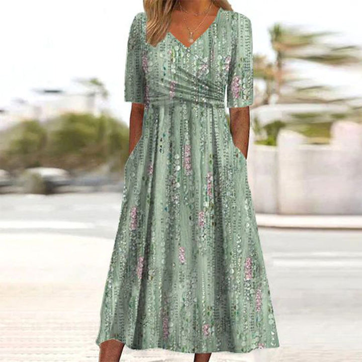 Vestito Midi con Stampa a Tema Piante e Tasche Laterali